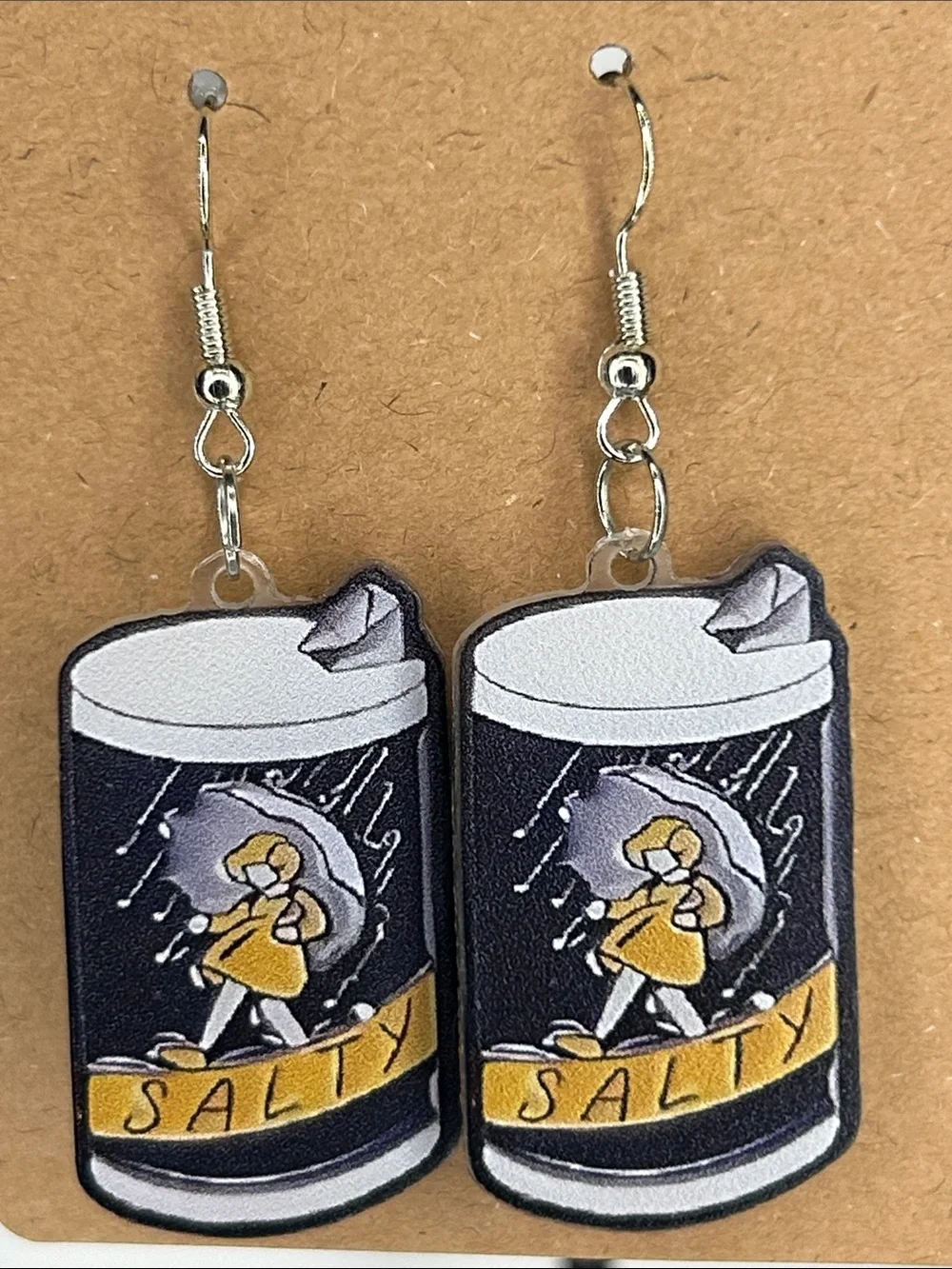 Novelty 'Salty' Can Earrings in Black, Yellow, White Fashion Jewelry
